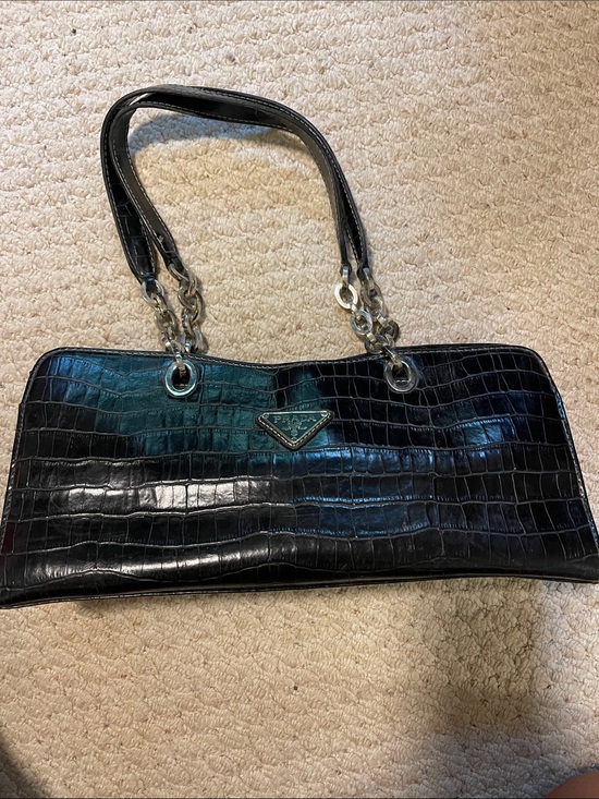 Prada Handbags - Prada Black Croc-Embossed Shoulder Bag with Chain Straps